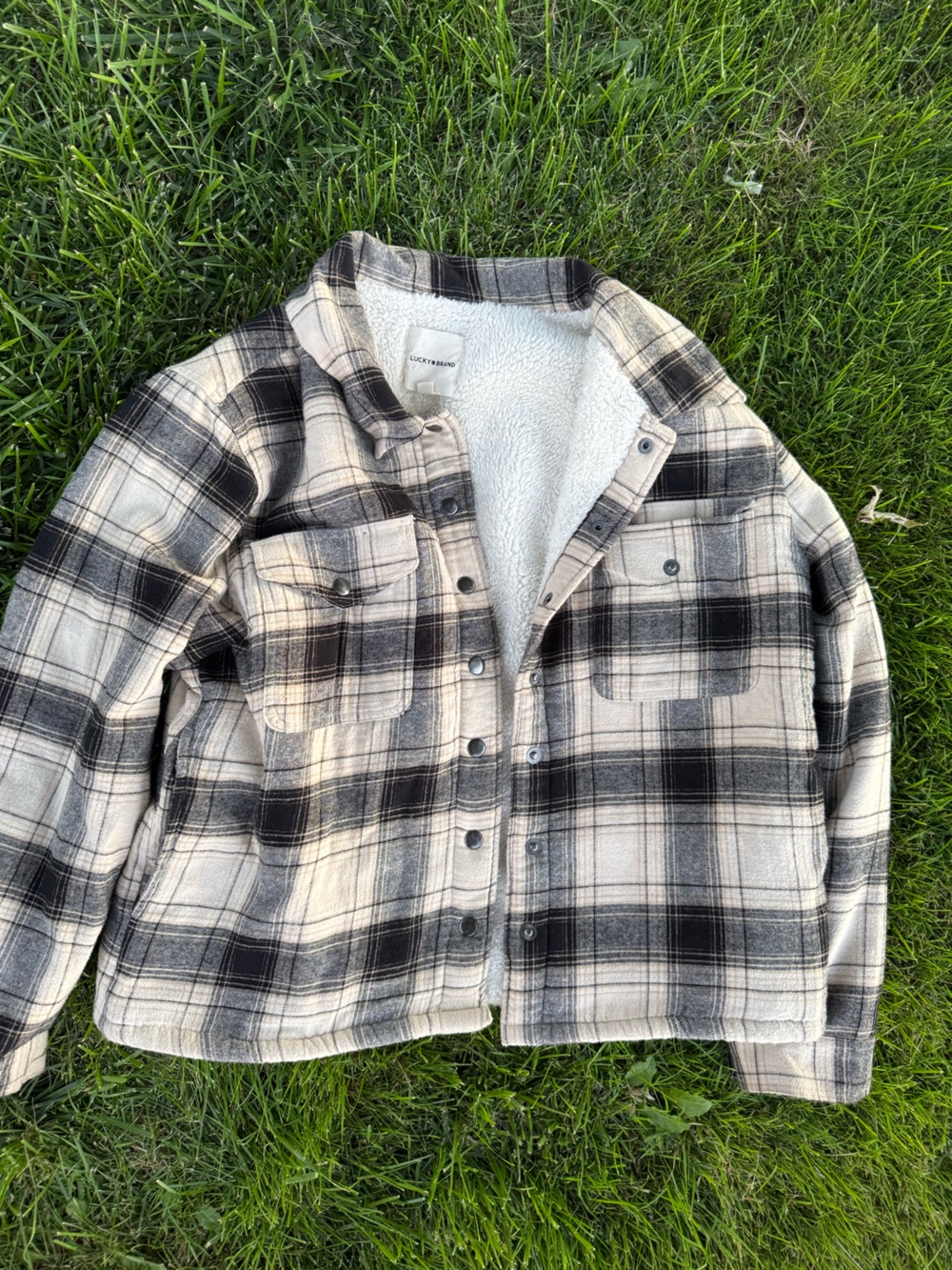 Lucky Brand Black and Cream Plaid Sherpa Shirt Jacket